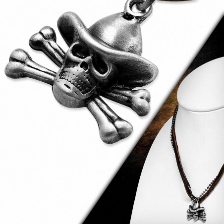 Alliage Pirate Skull Crossbones charm Militaire Ball Link en cuir Biker Collier