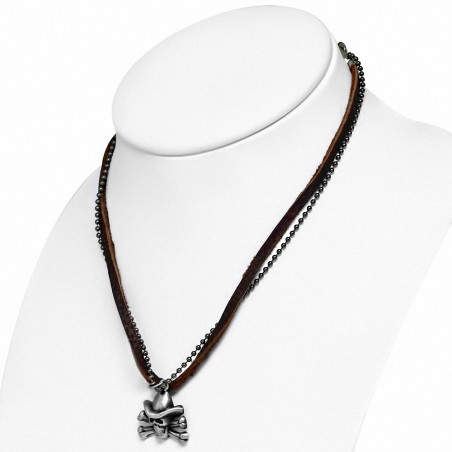 Alliage Pirate Skull Crossbones charm Militaire Ball Link en cuir Biker Collier