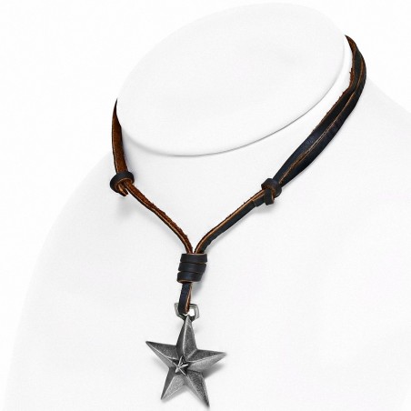 Collier réglable en cuir marron en alliage  avec double étoile scintillante