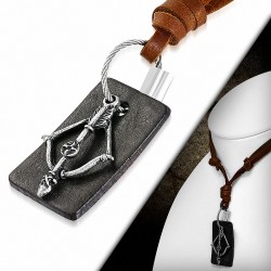 Alliage Criss-Cross Bow Arrow Arrow Tag Charm Collier en cuir brun réglable