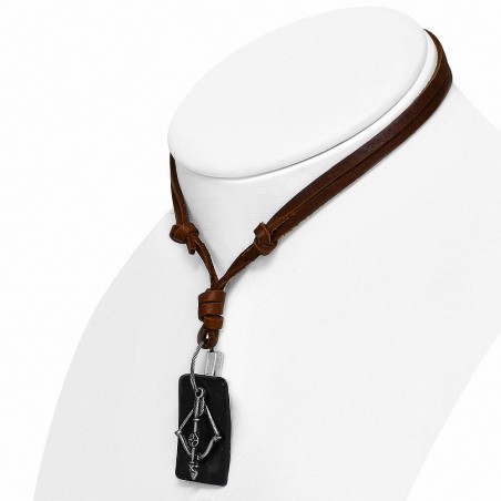 Alliage Criss-Cross Bow Arrow Arrow Tag Charm Collier en cuir brun réglable