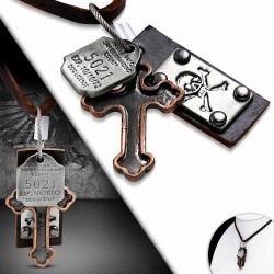 Collier de motard en cuir marron en alliage fantaisie avec motif de tête de mort pirate en osier