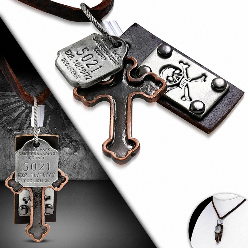 Collier de motard en cuir marron en alliage fantaisie avec motif de tête de mort pirate en osier