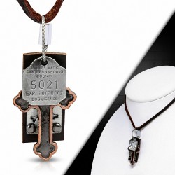 Collier de motard en cuir marron en alliage fantaisie avec motif de tête de mort pirate en osier