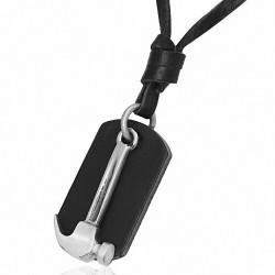 Collier réglable en cuir noir avec breloque en Alliage 2 tons  outil de marteau