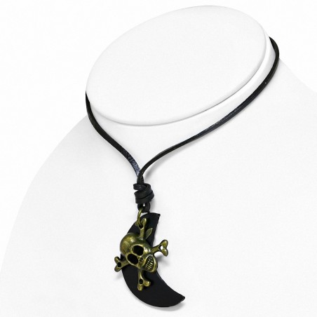 Collier en cuir ajustable avec pendentif en alliage fantaisie avec motif de tête de mort pirate et os croisés