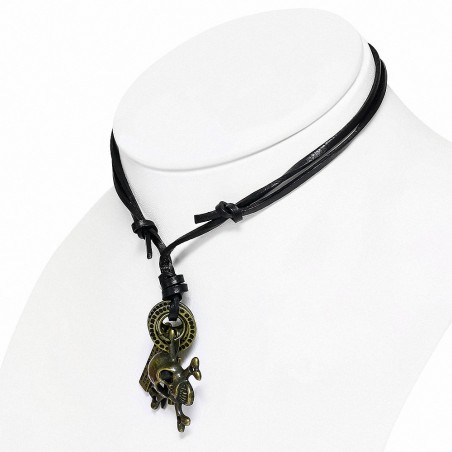 Alliage Pirate Skull Crossbones Tag Ring Charm Collier de motard en cuir réglable