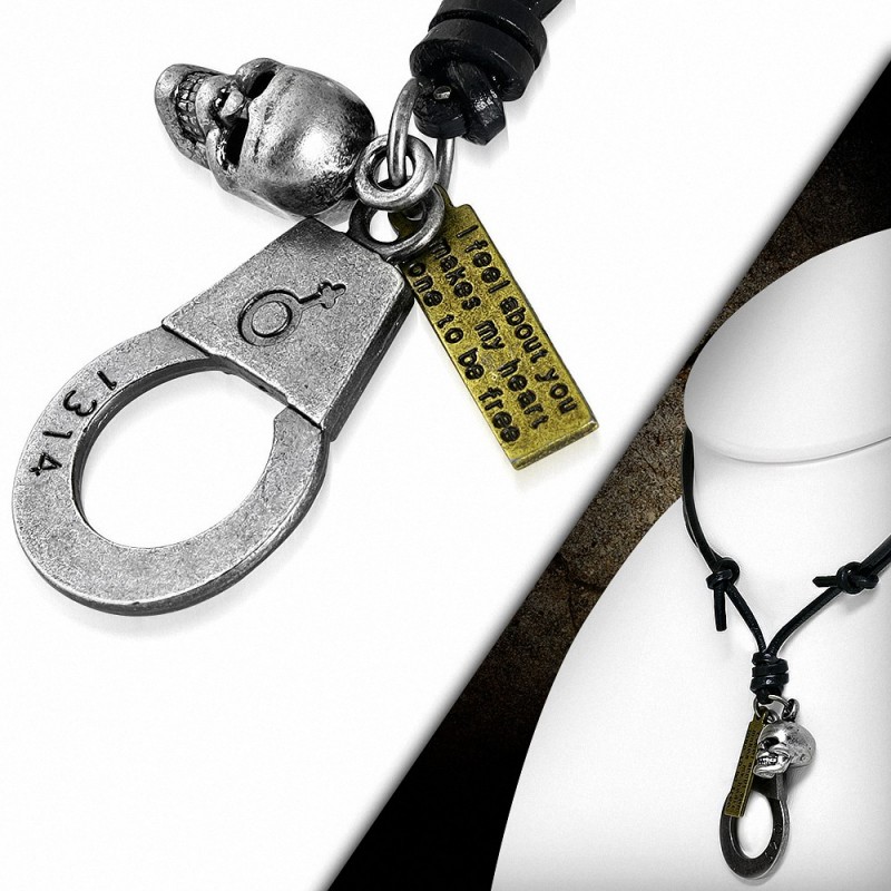 Alliage crâne sexe symbole menottes tag charm ajustable collier de motard en cuir noir