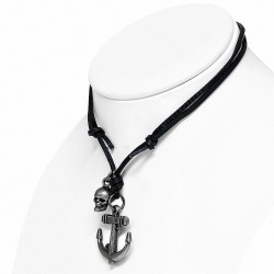 Collier de motard en cuir réglable en alliage  en forme de ancre avec charm marin