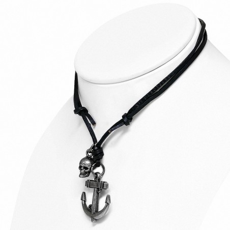Collier de motard en cuir réglable en alliage  en forme de ancre avec charm marin
