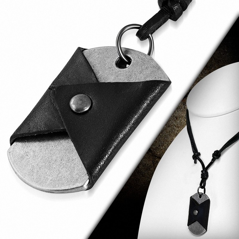 Collier ajustable en cuir noir avec pendentif en alliage plaque enrobée de cuir noir