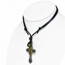 Alliage de croix avec collier en cuir noir réglable en forme de croix de fleur de lis