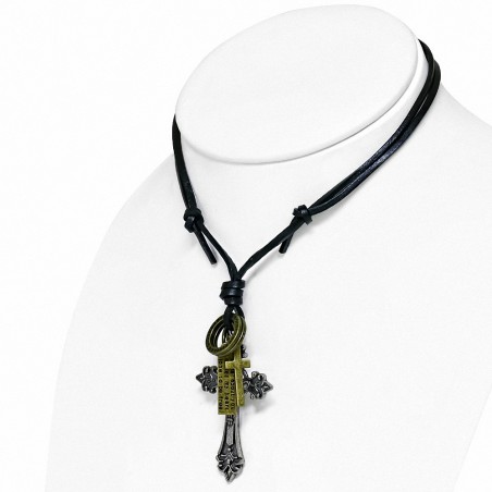 Alliage de croix avec collier en cuir noir réglable en forme de croix de fleur de lis