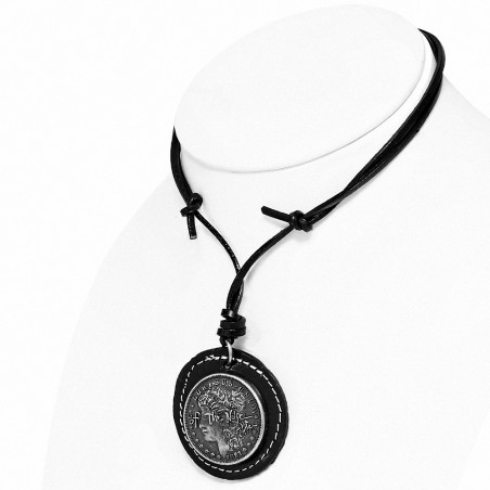 Collier en cuir noir avec pendentif cercle en argent  en alliage Morgan