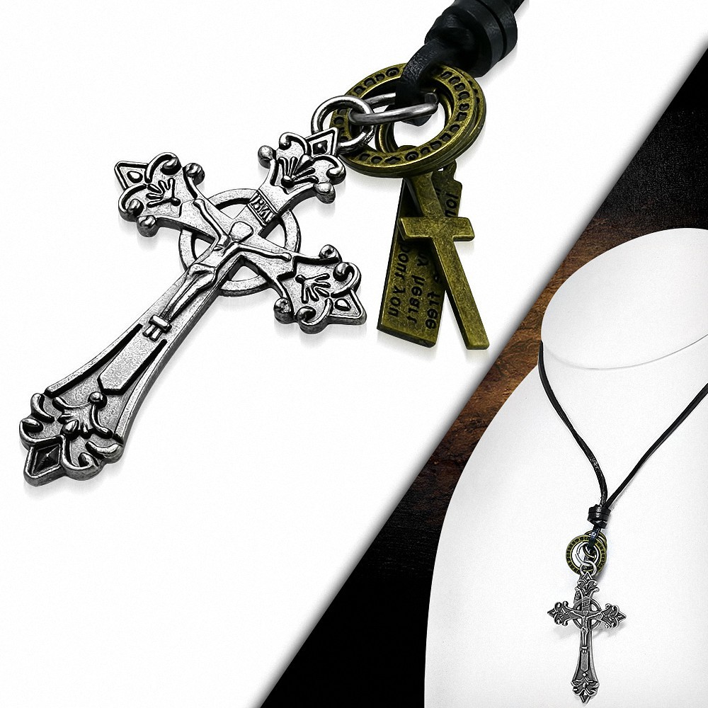 Alliage Religieux Chrétien Chasteté Crucifix Fleur De Lis Croix Bague Tag Charm Collier En Cuir Noir Réglable