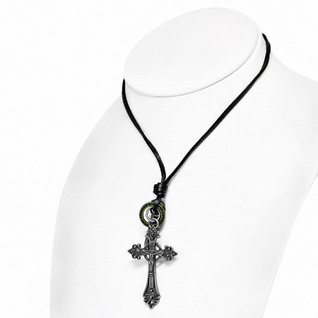 Alliage Religieux Chrétien Chasteté Crucifix Fleur De Lis Croix Bague Tag Charm Collier En Cuir Noir Réglable