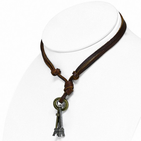 Alliage alliage tour croix eiffel tag charm réglable en cuir brun collier