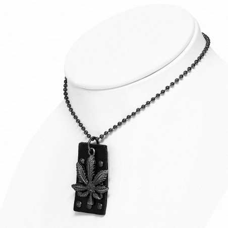 Alliage Marijuana Ganja Feuille Cercle Stud en cuir noir Tag Charm boule militaire Lien chaîne collier