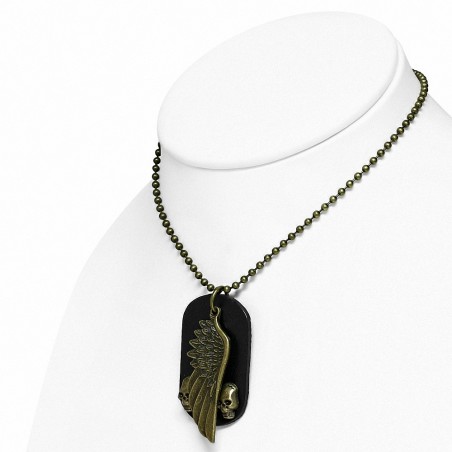 Alliage alliage de crâne d'aile en cuir noir Tag Charm collier de motard de boule militaire lien chaîne