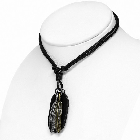 Collier pendentif en alliage de cuir noir réglable  en alliage de plumes