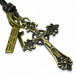 Alliage religieux chrétien chasteté crucifix fleur de lis croix bague tag charm collier en cuir marron