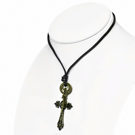 Alliage religieux chrétien chasteté crucifix fleur de lis croix bague tag charm collier en cuir marron
