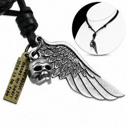Collier en cuir noir avec breloque en alliage de plumes d'aile de crâne alliage fantaisie