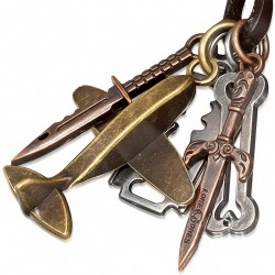 Alliage pirate crâne os croisés avion lame de rasoir clé couteau charm collier en cuir réglable