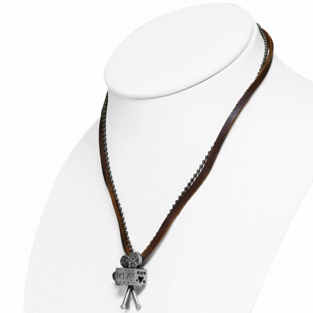 Collier en cuir et chaine à boules avec pendentif en alliage caméra de cinéma argenté/noir