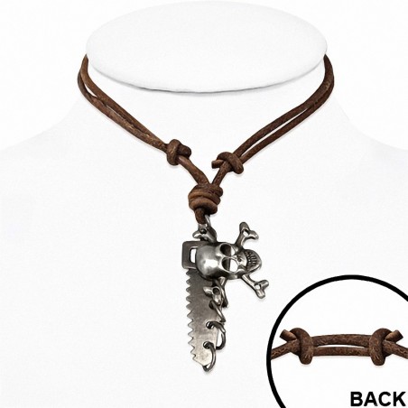 Crâne en Alliage Pirate Crossbones vu le charm de la lame collier de motard en cuir marron réglable