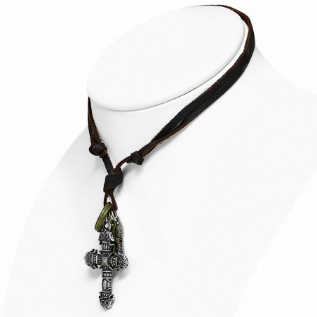 Collier réglable en cuir marron avec breloques en alliage fantaisie Fleur De Lis