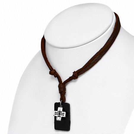 Collier ajustable en cuir marron avec breloque géométrique et alliage fantaisie