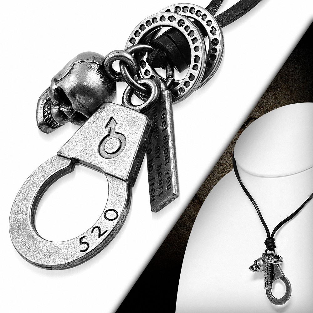 Alliage crâne sexe symbole menotte bague tag charm collier de motard en cuir noir