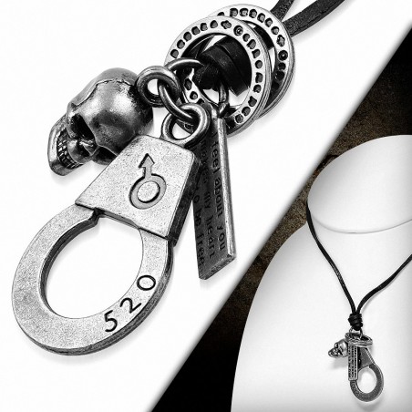 Alliage crâne sexe symbole menotte bague tag charm collier de motard en cuir noir