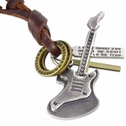 Alliage Guitare Instrument de musique Croix Tag Anneaux charm Collier en cuir brun réglable