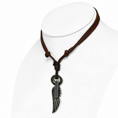 Collier en cuir marron ajustable avec breloque en alliage fantaisie  en alliage 3 tons