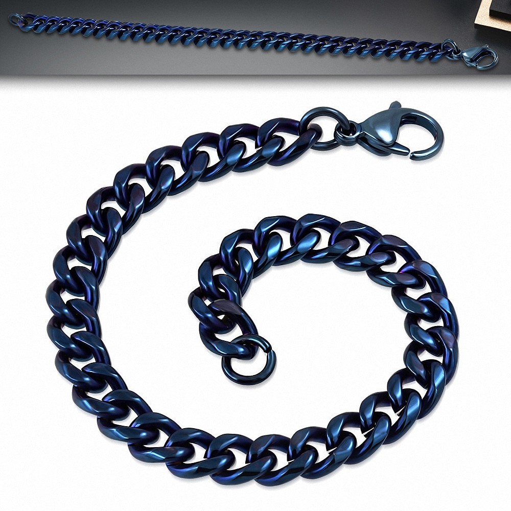 Bracelet maillon cubain à fermoir mousqueton en acier inoxydable anodisé bleu de 8 mm