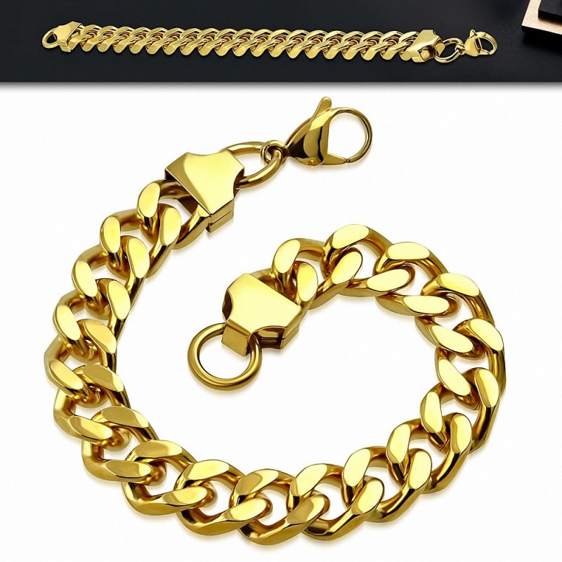 Bracelet à maillons cubains en acier inoxydable doré avec fermoir à mousqueton en acier doré 13 mm