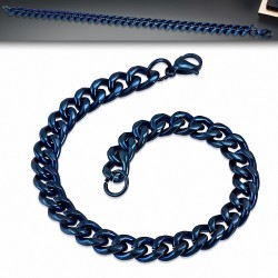 L-22cm W-9mm | Bracelet chaine maillon cubain en acier inoxydable bleu avec fermoir mousqueton