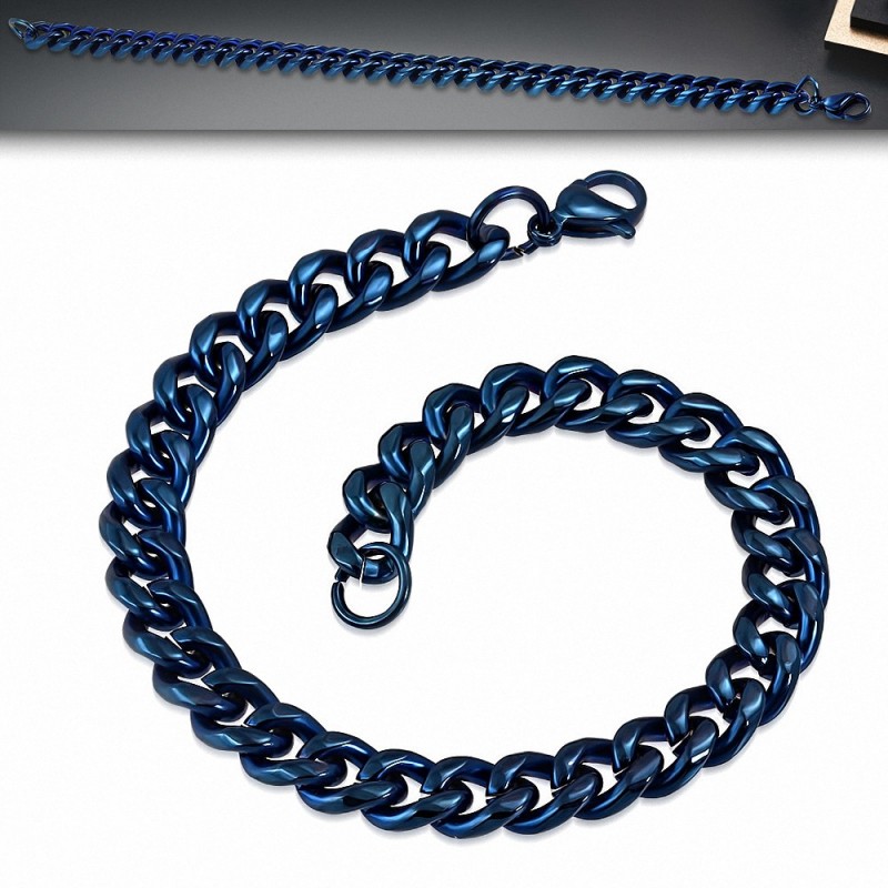 L-22cm W-9mm | Bracelet chaine maillon cubain en acier inoxydable bleu avec fermoir mousqueton