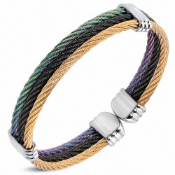 Bracelet de câble torsadé celtique multicolore en acier inoxydable à 3 brins avec embouts en alliage côtelé