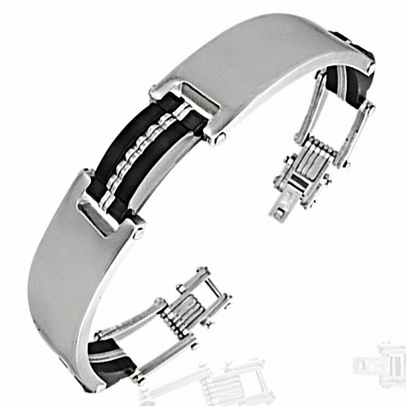 Bracelet à maillons  homme gravable en acier inoxydable avec caoutchouc noir 2 tons