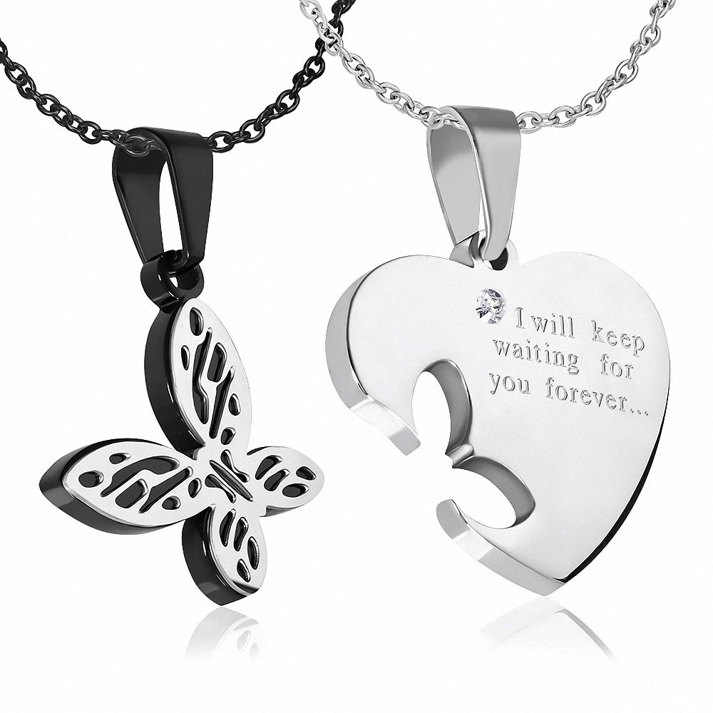 Pendentif couple papillon coeur en acier inoxydable 2 tons 2 parties Affirmation-Love Heart gemme