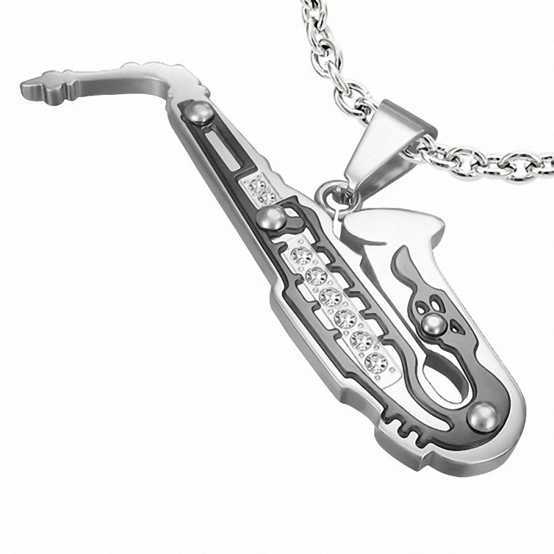 Pendentif  instrument de musique saxophone 2 tons en acier inoxydable gemme