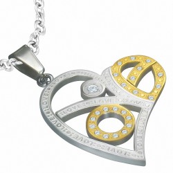 Pendentif coeur géométrique avec monogramme d'amour découpé en acier inoxydable à 2 tons gemme