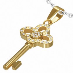 Pendentif croix en acier inoxydable doré avec pavé de couronne en forme de clé