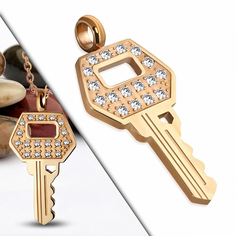 Pendentif petite clé en acier doré couleur rose doré gemme