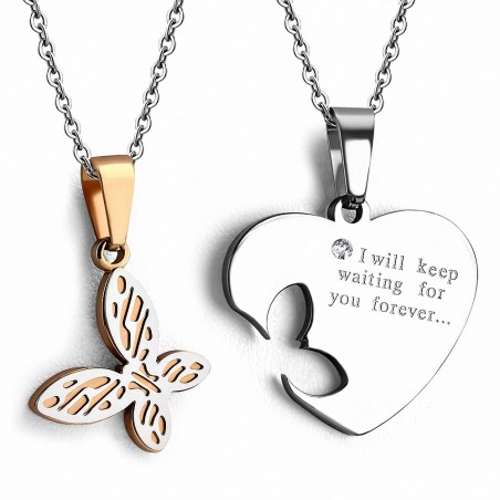 Pendentif couple papillon coeur en acier inoxydable 2 tons avec 2 parties Affirmation-Love gemme