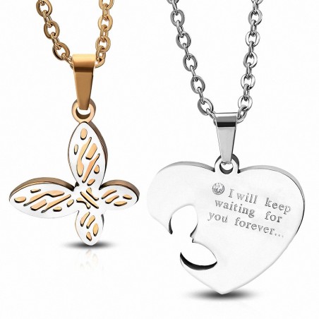 Pendentif couple papillon coeur en acier inoxydable 2 tons avec 2 parties Affirmation-Love gemme