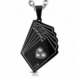 Pendentif en acier inoxydable avec coeurs de cartes à jouer en acier inoxydable noir gemme